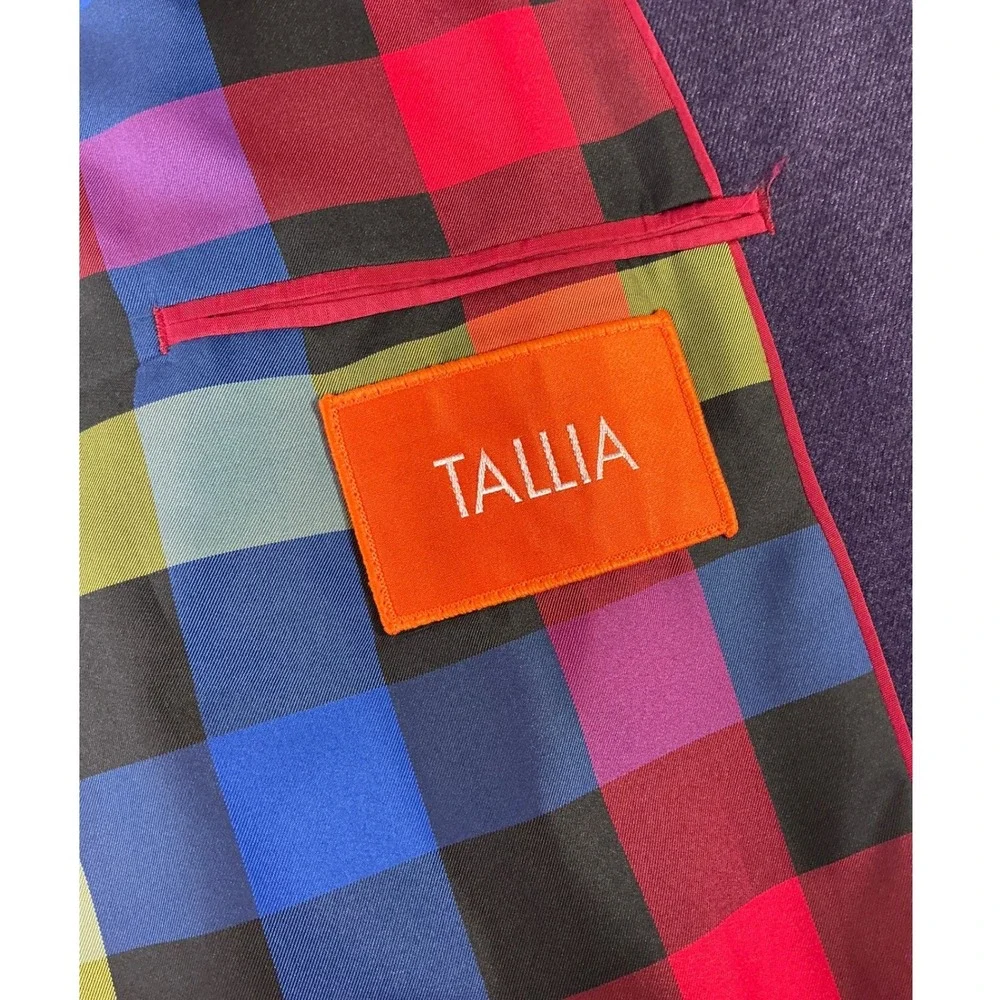 Tallia Blazer Mens 50R Purple Elbow Patches Rainbow Plaid Lining Sport Coat